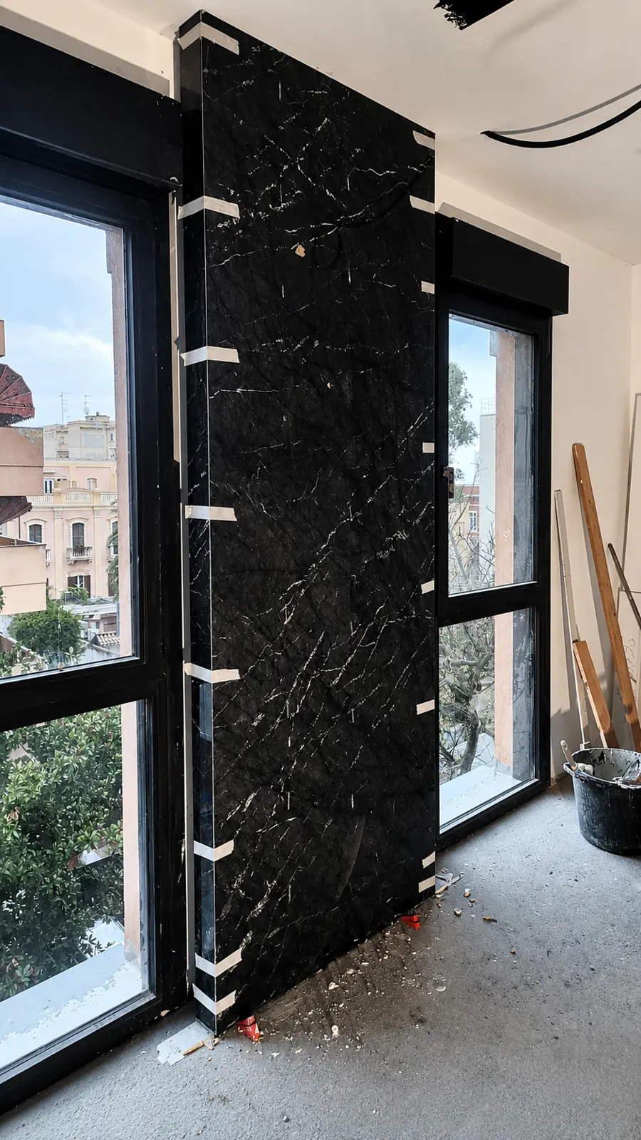 Rivestimento a parete in marmo scuro con posa di precisione